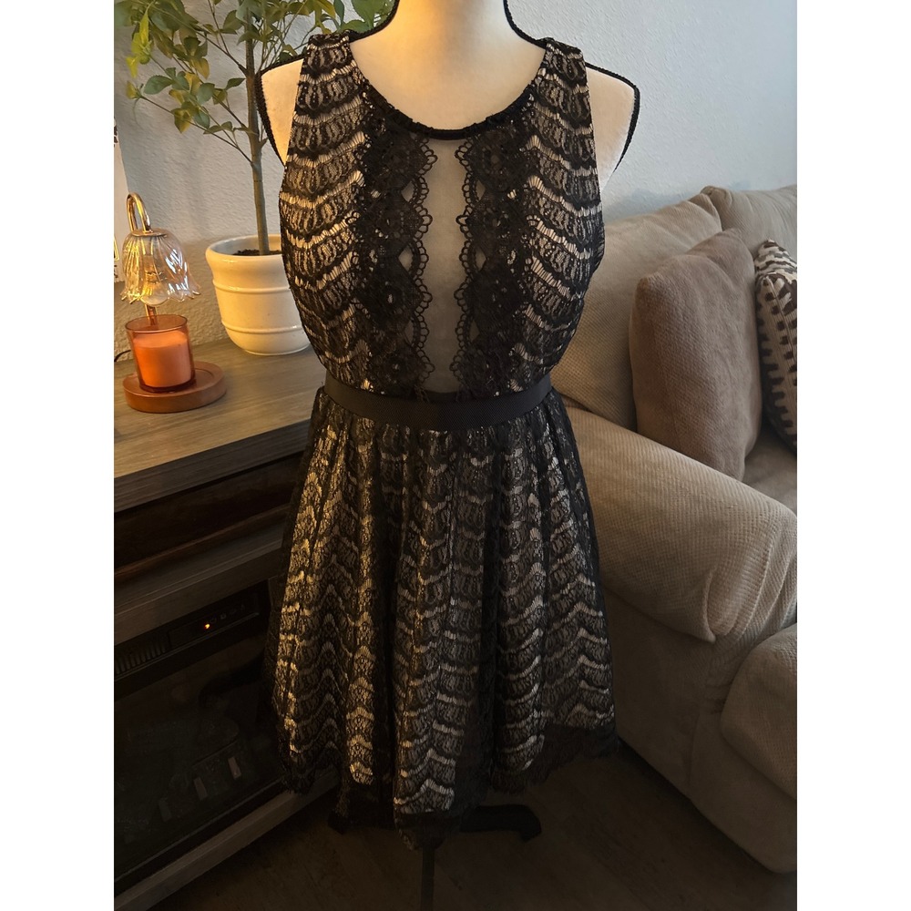 Black Lace Fit and Flare Dress Sheer Mesh Sleeveless Cocktail Party Mini size 11